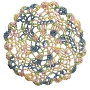 Snowflake Crochet Lacy Doily Handmade Shabby Chic Cottage Blue Yellow Round 7"